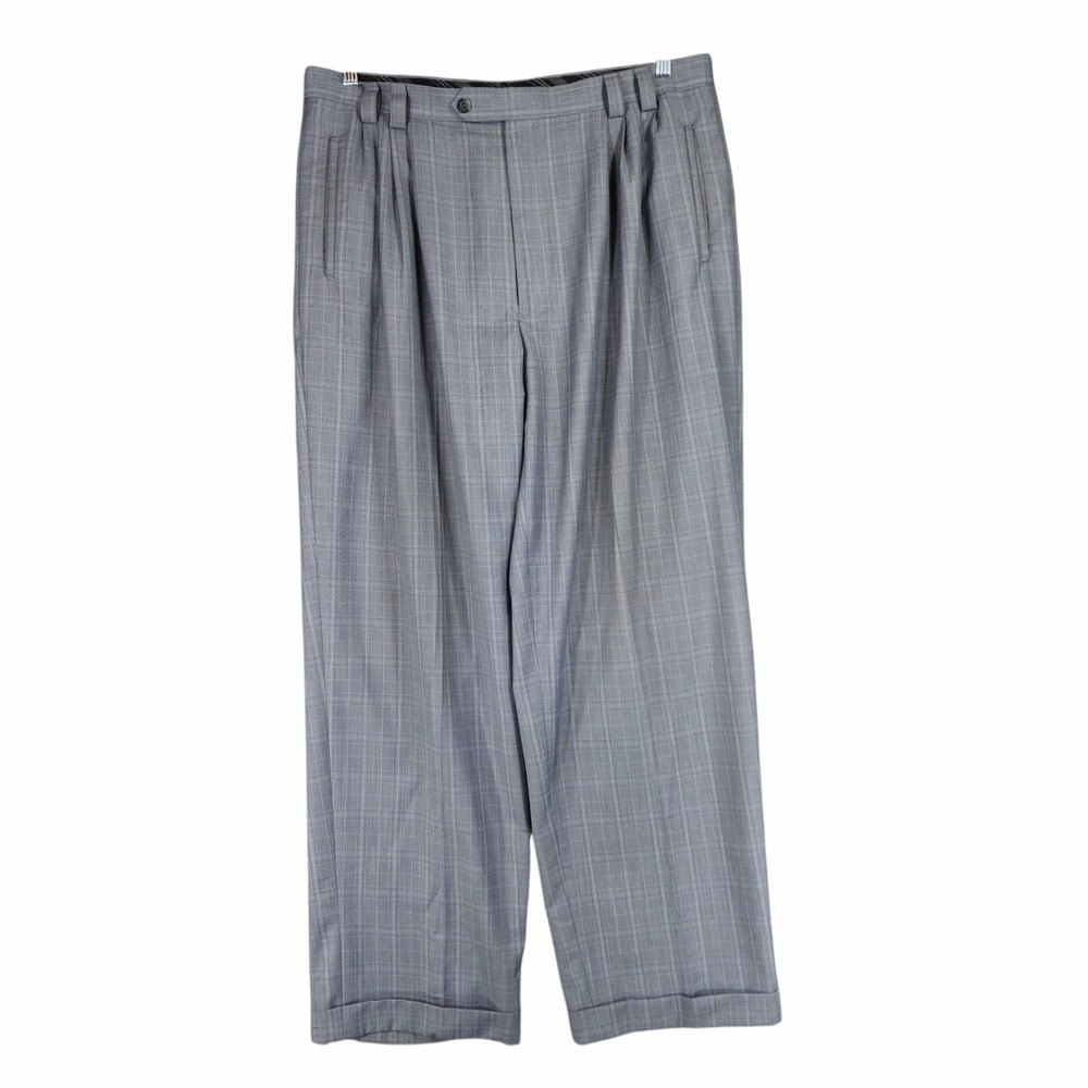 Sean John Dress Pant 38x34/37x32 Men Lt Blue Windowpane Plaid Pleats Cuffs Retro